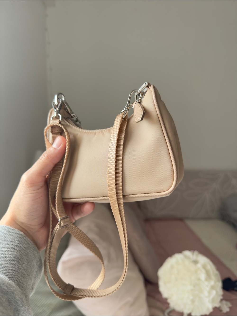 Prada Mini Nylon Shoulder Bag in Beige with Silver Chain - Picture 5 of 11